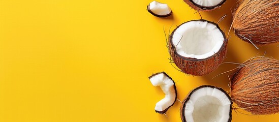 Poster - Top view of a pop art design with ripe coconuts on a yellow background, featuring a banner style with a minimal flat lay approach and copy space image.
