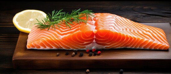 Leinwandbilder - Fresh raw salmon fillet, a red fish piece, on a food background with copy space image.