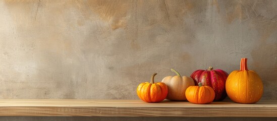 Poster - Colorful pumpkins in a modern autumn-themed decoration on a wooden shelf and background with a stylish design and copy space image.