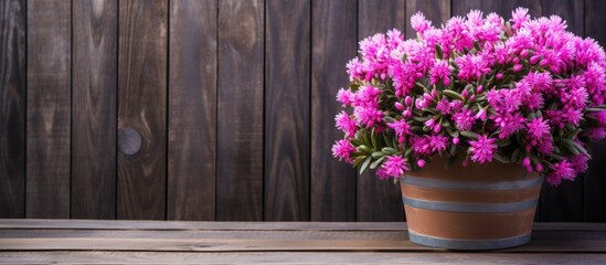 Aufkleber - Wooden background supporting a bucket filled with vibrant, fresh Hebe flowers, providing ideal copy space image.