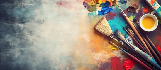 Poster - Top view of drawing brushes and palette on a table in an art studio with a creative background, ideal for a copy space image.