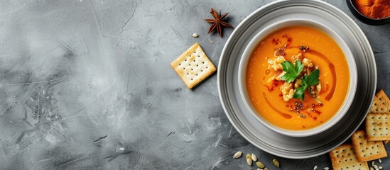 Aufkleber - White plate with autumn pumpkin soup, rye crackers, and spices on gray background in horizontal view, leaving open space for a picture or text. with copy space image. Place for adding text or design