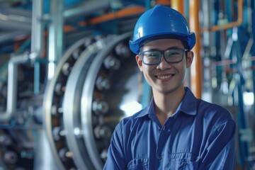 Wall Mural - Portrait of a young smiling male engineer at Hydroelectric Dam