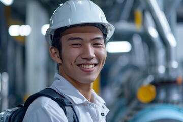 Wall Mural - Portrait of a young smiling male engineer at Hydroelectric Dam