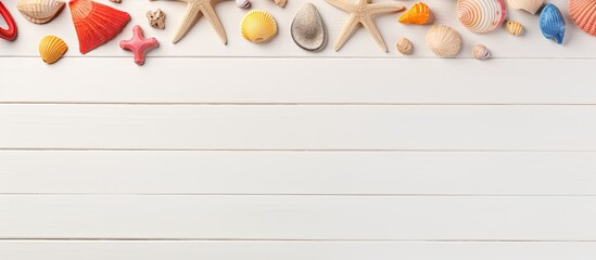 Poster - Beach-themed flat lay with toys on white wooden backdrop, featuring copy space image.