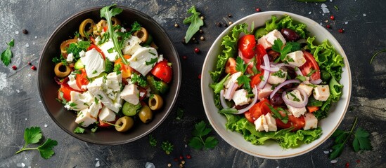 Leinwandbilder - Top view of two appetizing salads: one with mozzarella, olives, chicken, and veggies, the other a delightful mix of white onion, tomatoes, lettuce, and parsley. Image includes copy space.