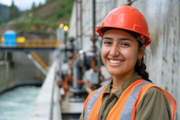 Wall Mural - Portrait of a young smiling female engineer at Hydroelectric Dam