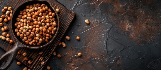 Aufkleber - Wooden background displaying a frying pan filled with roasted peanuts with ample copy space image.