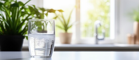 Aufkleber - A thirsty person fills a glass with fresh tap water in a kitchen with white tiled walls, emphasizing the purity of natural water in a banner featuring copy space image.
