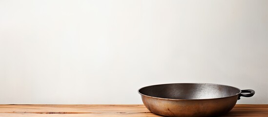 Poster - An empty pan is placed on a white table with a plain background providing copy space image.