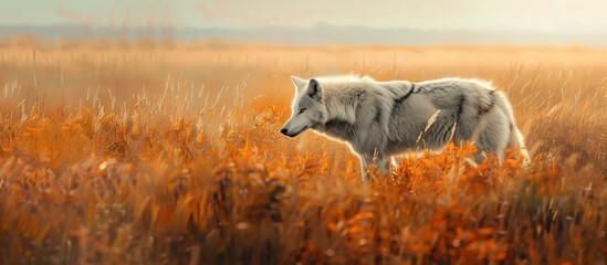 Wall Mural - An Arctic wolf roaming through the autumn landscape in a copy space image.