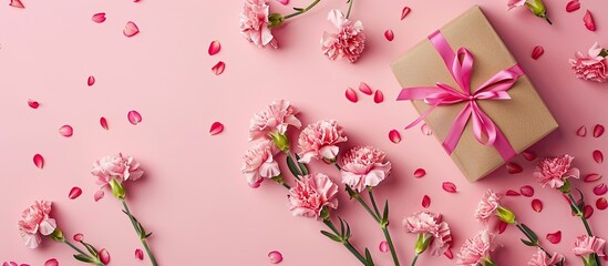 Poster - A Mother's Day design idea featuring a top view of carnations and a gift box on a pink background suitable for weddings and Valentine's Day, with available space for adding images or text