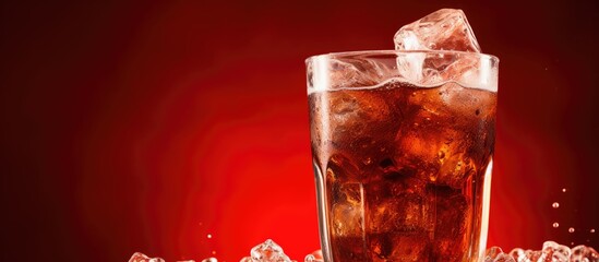 Aufkleber - Brown fizzy soda. Chilled sweet cola with ice on red backdrop, featuring copy space image.