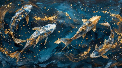 Five Koi fish swim gracefully through a swirling blue and gold water.