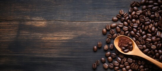 Poster - Wooden spoon placed next to a coffee bean with a rustic background, creating an ideal copy space image.