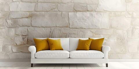 Modern loft living room with white sofa yellow pillows and stone wall. Concept Minimalist Decor, Neutral Tones, Cozy Vibes, Natural Light, Urban Loft