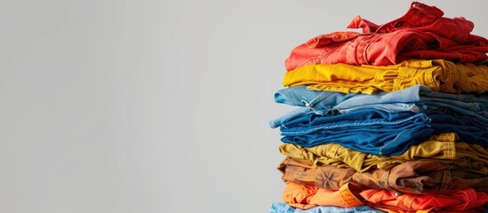 Poster - Stack of trendy modern clothes made from recycled plastic. Eco products and zero waste concept. Copy space image. Place for adding text or design