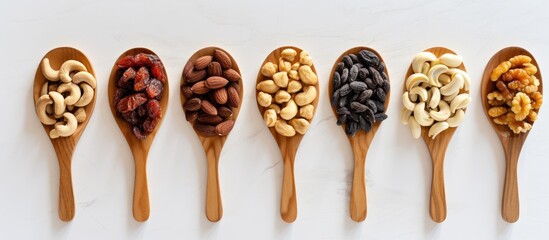 Poster - Various nuts and dried banana slices arranged on a wooden spoon displayed on a white kitchen counter with space for additional imagery.