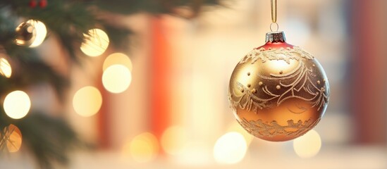 Aufkleber - Closeup view of a Christmas ball hanging on an indoor fir tree branch with space for text in the image. with copy space image. Place for adding text or design