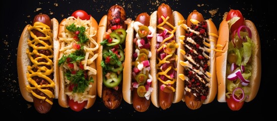 Poster - Top view of various hot dogs with different toppings on a dark background, creating a food-themed image with space for text. Fast food concept. with copy space image. Place for adding text or design