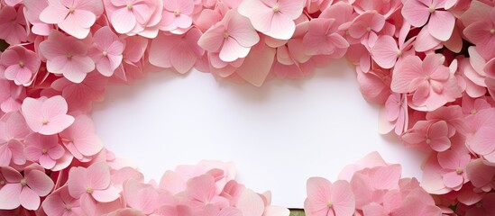 Aufkleber - Pink paper note surrounded by gorgeous hydrangea flowers with copy space image.