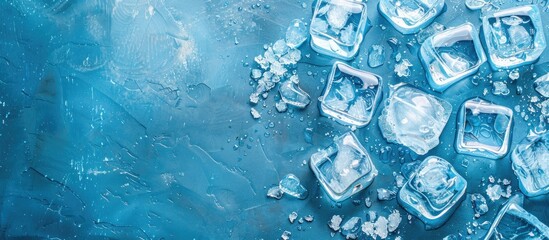 Poster - Top view of frozen ice cubes for cocktails on a background with copy space image.