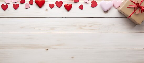 Wall Mural - Valentine's Day theme on a wooden white backdrop with red hearts, gifts, and letter paper, ideal for showcasing love with a copy space image.