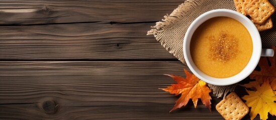 Aufkleber - A woman's hands cradle a mug of pumpkin soup topped with rye crispbreads in a top-down view, against a wooden background with autumn leaves, offering a copy space image.