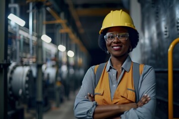 Wall Mural - Portrait of a middle aged smiling female engineer at Hydroelectric Dam