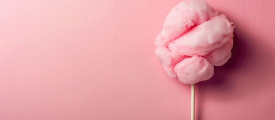 Fototapete - Homemade pink cotton candy on a stick displayed horizontally against a pink background with ample copy space for text or other images. Delicious homemade sweet treats.