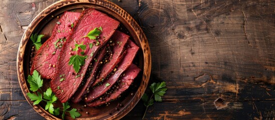 Wall Mural - Top-down view of a wooden plate holding pastrami slices - dried beef infused with herbs - set against a wooden backdrop. Available space for text or images. with copy space image