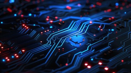 Poster - Close-up shot of a circuit board with red and blue lights, great for tech-related projects or illustrations