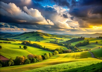 Wall Mural - spring green field landscape in beautiful countryside with green and yellow grass, rural hills and amazing cloudy sky on background. Agriculture landscape with rural view