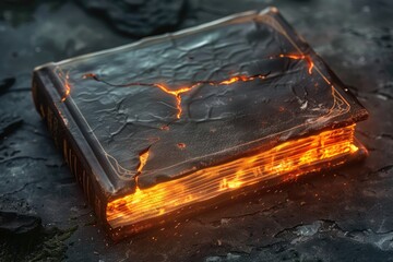 Canvas Print - A burning book rests on a rocky outcropping, surrounded by darkness