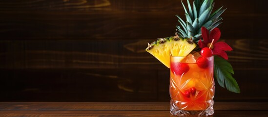 Aufkleber - Tropical drink in a tiki glass with pineapple, cherry, and room for copy space image.