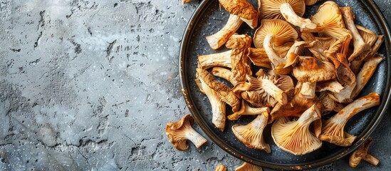 Poster - Dried porcini mushrooms on a plate with copy space for text, showcasing the dehydration process of food products.
