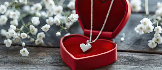 Aufkleber - A silver heart necklace displayed in a romantic red heart-shaped gift box near white flowers, perfect as a gift for Valentine's Day, marriage, or engagement with copy space image.