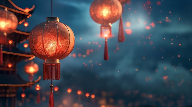 Traditional red lanterns with tassels glow warmly against a dusky night sky, with distant lights and timeless architectural silhouettes adding to the charm.