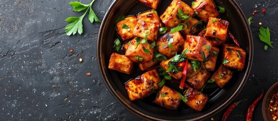 Poster - Ideal for various commercial purposes like recipes, articles, and menus, fried tofu with chili makes a delectable dish, enhancing your marketing materials with copy space image.