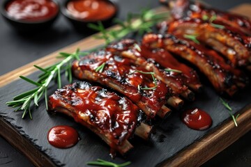 Wall Mural - Close-up of delicious barbecue ribs glazed with sauce and garnished with rosemary, served on a rustic slate board with dipping sauce.