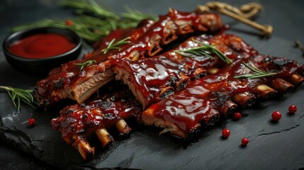 Wall Mural - Delicious grilled BBQ ribs with rich sauce, served on a slate platter, garnished with herbs and spices. Perfectly cooked for a delectable meal.