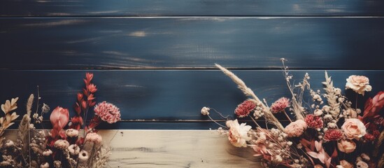 Aufkleber - Vintage-style dry flowers displayed on a wooden background on the right side with copy space image.
