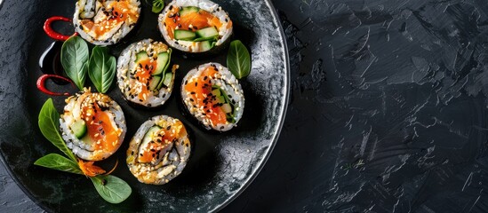 Fototapete - A black plate with vegetarian rolls displayed, providing copy space image.