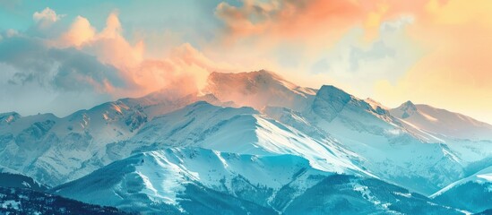 Poster - Winter sky over snow-capped mountains with a trendy copy space image.