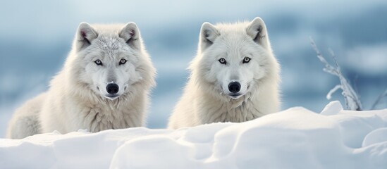 Poster - Arctic wolves with a snowy background in a copy space image.