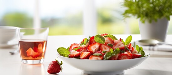 Leinwandbilder - Fresh strawberry fruit salad paired with a cup of green tea makes for a nourishing meal with a vibrant and natural charisma in the copy space image.