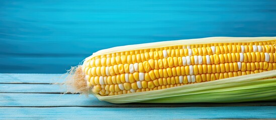 Poster - Close-up of a ripe yellow sweet corn cob on a turquoise wooden table with copy space image.