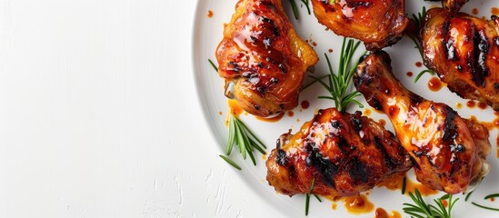Poster - Close-up image of buffalo sauce-marinated grilled chicken drumsticks on a white background with copy space image.