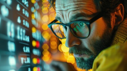 Poster - A person wearing glasses looks at a computer screen, likely researching or working