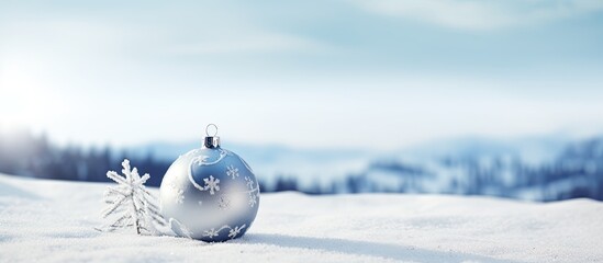 Poster - Christmas bauble decoration in snowy landscape with copy space image.